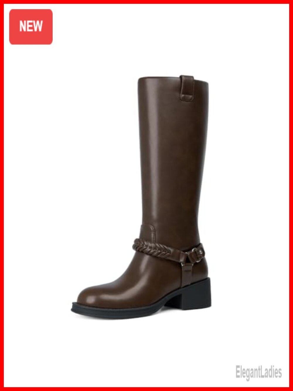 Women's Knee High Boots Chunky Block Heel Faux Leather Braided Strap